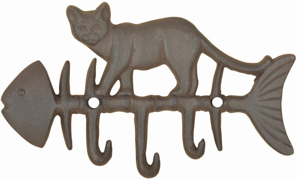Esschert Design Kapstok Kat Op Vis 21,8 Cm Gietijzer Bruin