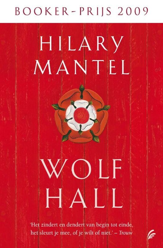 Boekomslag van 'Wolf Hall' met rode houten achtergrond en een roos.