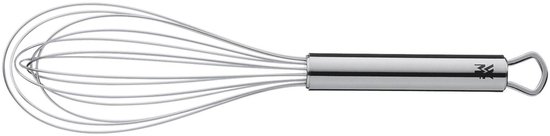 Un fouet WMF Profi Plus argenté en acier inoxydable avec une poignée ergonomique.