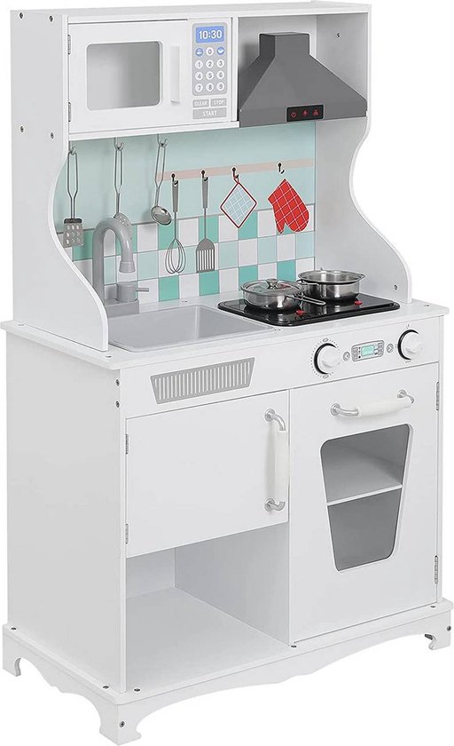 COSTWAY Kinderkeuken met verlichting, stoom, muziek en geluid, speelkeuken incl. accessoires, kinderspeelkeuken met waterpomp en spoelbak (blauw