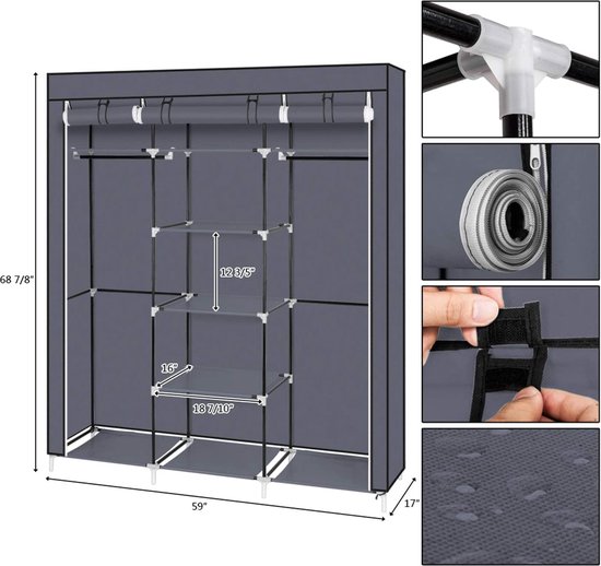 Life's Green® KM2G XXL opvouwbare kledingkast - stalen frame met 200KG draagkracht - Opbergkast - Campingkast - duurzaam design stoffen garderobekast - 9 opslag planken en 2 ophangstangen - ruimtebesparende kleerkast - grijs - 150x45x175CM — afbeelding 4