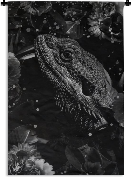 Wandkleed - Wanddoek - Botanisch reptiel met lichtbollen tegen een zwarte achtergrond - zwart wit - 90x135 cm - Wandtapijt