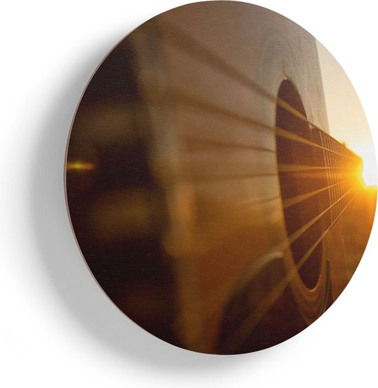 Artaza Houten Muurcirkel - Gitaar Spelen Tijdens Zonsondergang - Ø 85 cm - Groot - Multiplex Wandcirkel - Rond Schilderij