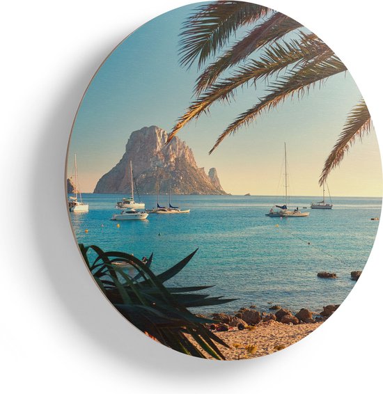 Artaza Houten Muurcirkel - Ibiza Cala d'Hort Strand  - Ø 40 cm - Klein - Multiplex Wandcirkel - Rond Schilderij