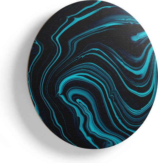Artaza Houten Muurcirkel - Abstracte Kunst - Aqua Blauw met Zwart - Ø 60 cm - Multiplex Wandcirkel - Rond Schilderij