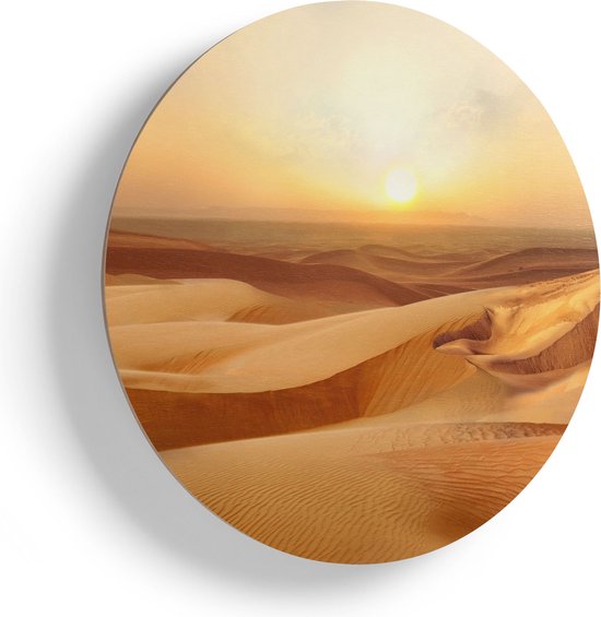 Artaza Houten Muurcirkel - Woestijn bij Zonsondergang in de Sahara - Ø 60 cm - Multiplex Wandcirkel - Rond Schilderij