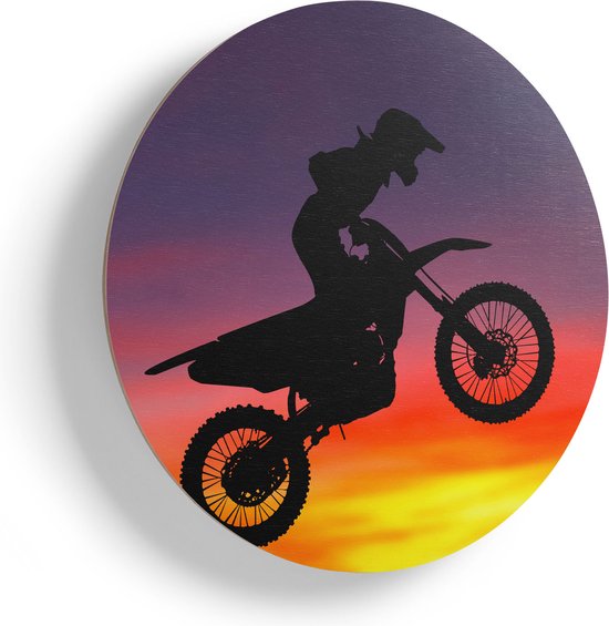 Artaza Muurcirkel - Silhouet Van Een Motorcross In De Lucht - Wandcirkel - Rond Schilderij