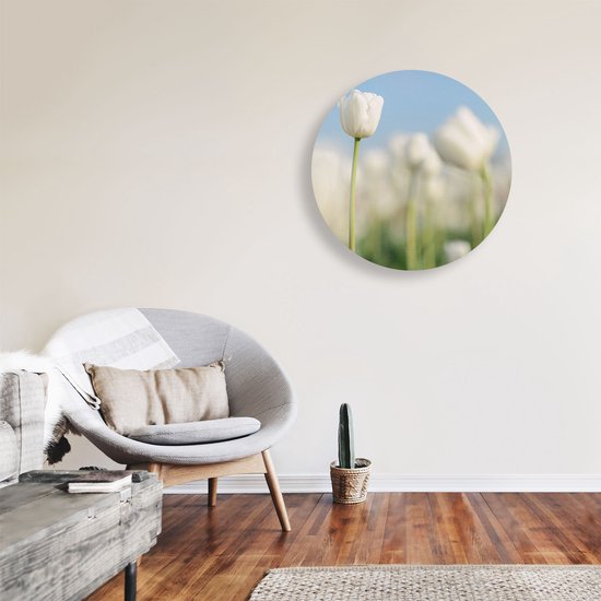 Artaza Dibond Cercle Mural Tulipes Witte - Fleurs - Ø 70 cm - Cercle Mural - Tableau Rond - Pour Intérieur et Extérieur