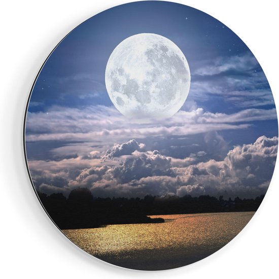 Artaza Dibond Muurcirkel Volle Maan bij het Water - Ø 50 cm - Klein - Wandcirkel - Rond Schilderij - Voor Binnen en Buiten