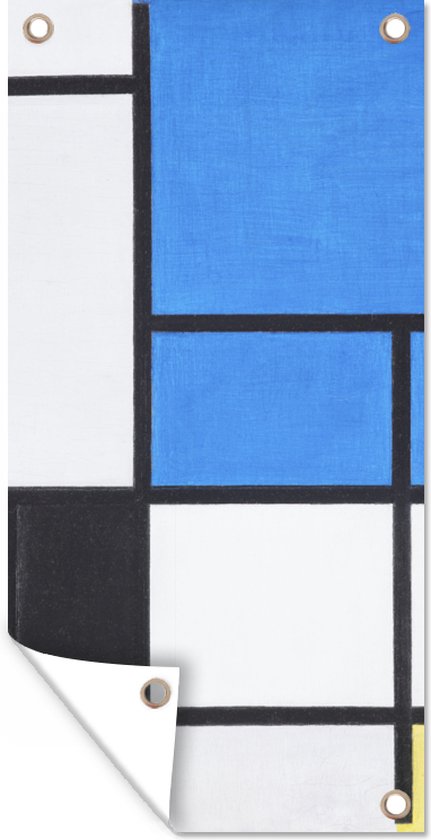 Tuinposter Compositie met blauw, rood, zwart, geel en grijs - Piet Mondriaan - 40x80 cm - Wanddecoratie Buiten - Tuinposter - Tuindoek - Schuttingposter - Tuinschilderij