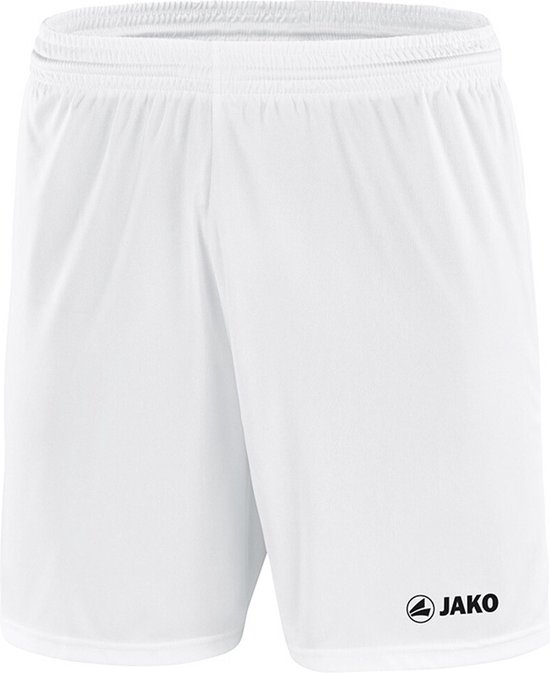 Witte Jako voetbalbroek voor jongens, met elastische tailleband en Jako logo op de rechterpijp.