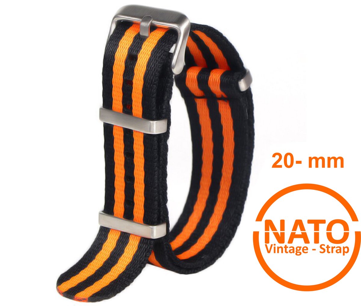 20mm Nato Strap ZWART oranje gestreept - Vintage James Bond - Nato Strap collectie - Mannen - Horlogeband - 22 mm bandbreedte