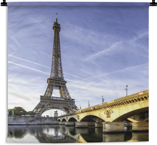 Wandkleed - Wanddoek - Prachtige brug en de Eiffeltoren net na de zonsopkomst - 120x120 cm - Wandtapijt