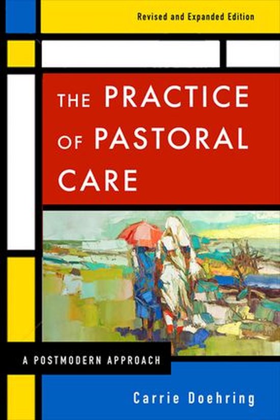 Boek 'The Practice of Pastoral Care, Revised and Expanded Edition' met een rood, geel en blauw ontwerp, een schilderij van twee figuren onder een rode paraplu.