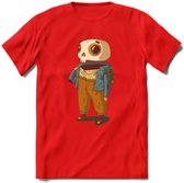 Casual skelet T-Shirt Grappig | Dieren halloween Kleding Kado Heren / Dames | Animal Skateboard Cadeau shirt - Rood - S