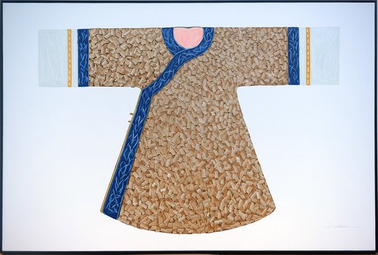 Fine Asianliving Olieverf Schilderij 100% Handgeschilderd 3D met Reliëf Effect en Zwarte Omlijsting 150x100cm Kimono Blauw Wit