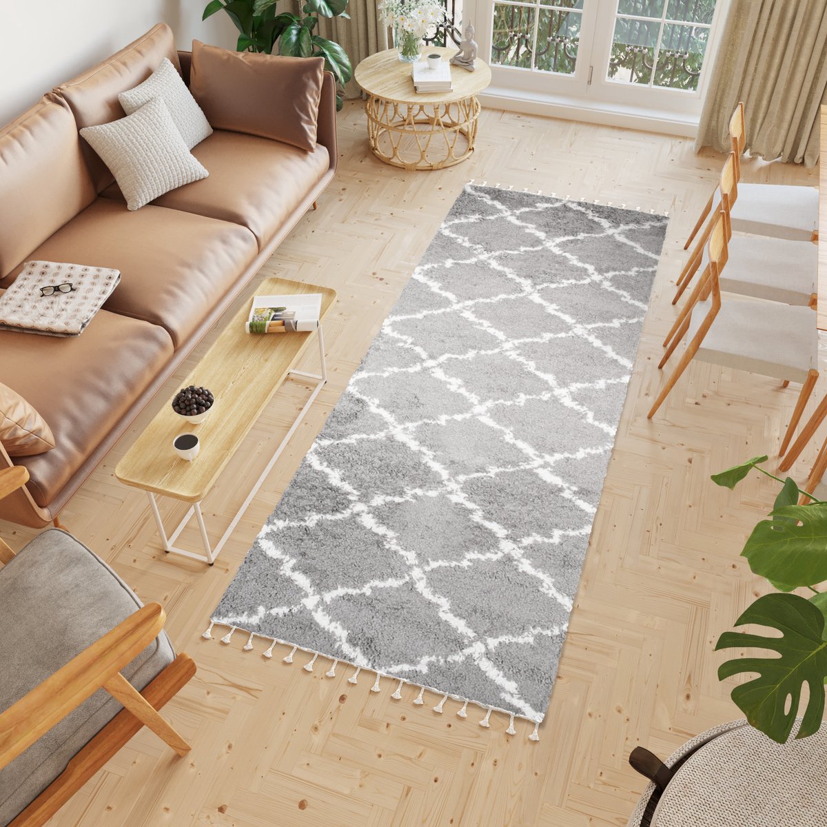 Tapiso Boho Loper Grijs Kwastjes Hoogpolig Trellis Modern Woonkamer Vloerkleed Maat- 100x4
