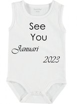 Baby Rompertje met tekst 'See you Januari 2023' | mouwloos l | wit zwart | maat 62/68 | cadeau | Kraamcadeau | Kraamkado
