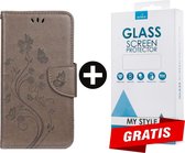 Bookcase Hoesje Vlinders Met Pasjeshouder iPhone 13 Pro Grijs - Gratis Screen Protector - Telefoonhoesje - Smartphonehoesje