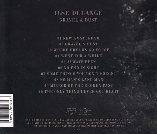 Dos de l'album 'Gravel & Dust' d'Ilse DeLange, avec liste des pistes, logos et code-barres.
