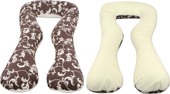Voedingskussen - Zwangerschapskussen - 300 cm - 100% katoen - crème en bruin met crème bladeren