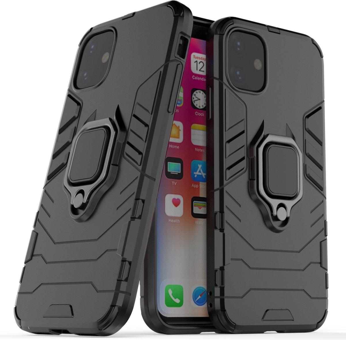 Mobigear Hoesje geschikt voor Apple iPhone 11 Telefoonhoesje Hardcase | Mobigear Armor Ring Backcover Shockproof met Ringhouder | Schokbestendig iPhone 11 Telefoonhoesje | Anti Shock Proof - Zwart