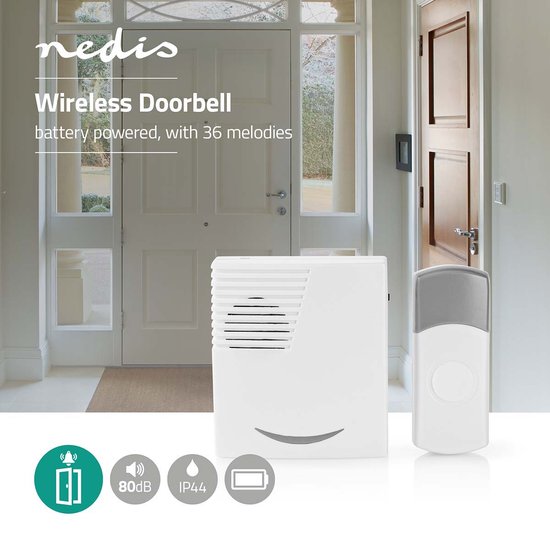 Nedis Draadloze Deurbelset - Batterij Gevoed - 3 V DC - 1x CR2032 - Volume: 80 dB - Signaalbereik: 300 m - IP44 - 36 Melodiën - 1 Ontvanger - Grijs / Wit — afbeelding 4