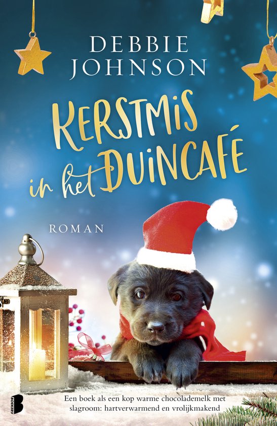 Boek 'Kerstmis in het Duincafé' met een puppy met kerstmuts en sjaal, kerstdecoratie en lantaarn.