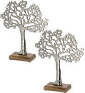 2x Stuks decoratie levensboom van aluminium op houten voet 25 cm zilver - Tree of life