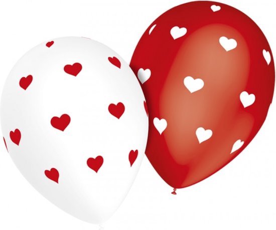 Ballonnen - Met hartjes - rood / wit - 28cm - 8st.
