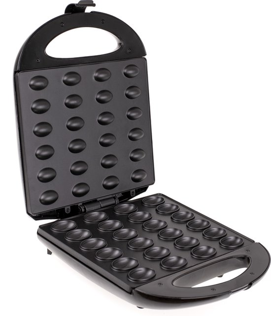 Zwarte bakplaat met 24 ronde holtes, geopend, met handvat.