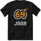 64 Jaar Feest T-Shirt | Goud - Zilver | Grappig Verjaardag Cadeau Shirt | Dames - Heren - Unisex | Tshirt Kleding Kado | - Zwart - S