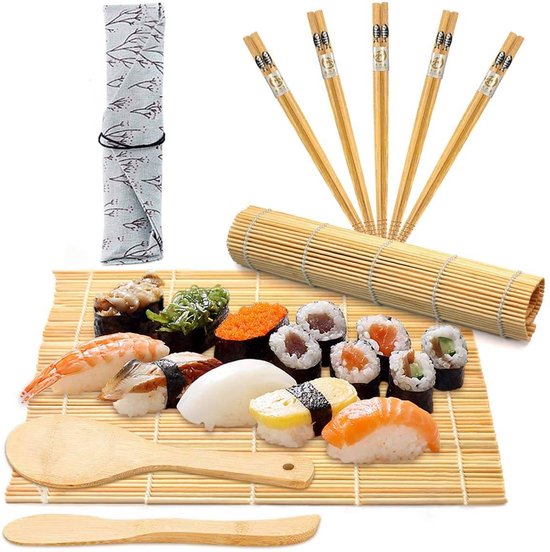 2 Tapis en Bambou et 5 bâtonnets 2 Rangs cuillères 1 Poche Japon Sushi Maintenant Selber Roues Rosa Sac en Deux Couleurs Adleh Sushi Kit de Bricolage pour Les débutants 10 pièces Kit de Sushi 