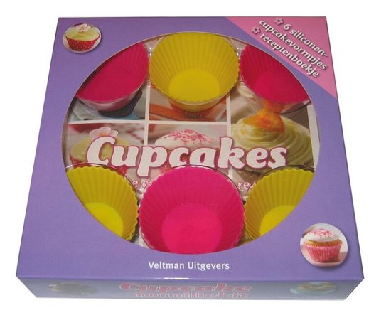 Doos met cupcake receptenboekje en 6 siliconen cupcakevormpjes in roze en geel.