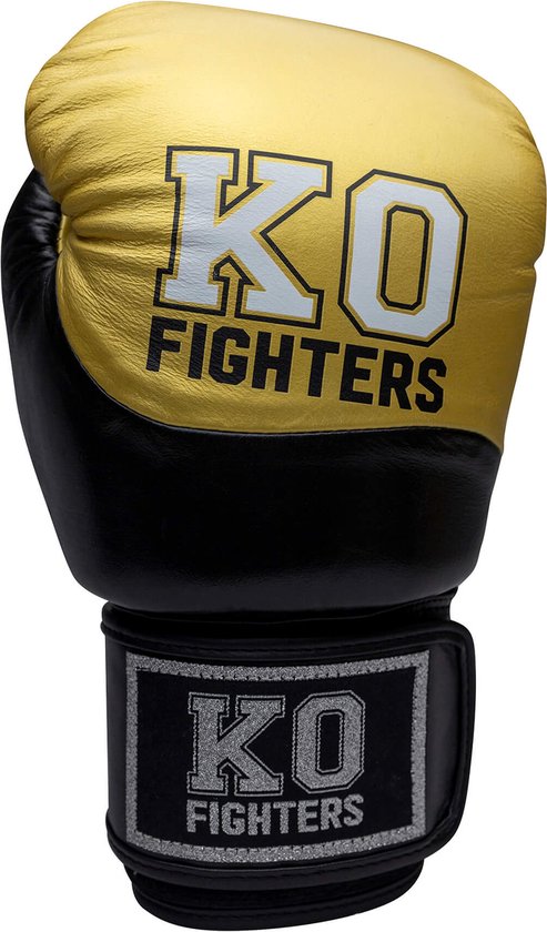 Gouden en zwarte bokshandschoenen met KO FIGHTERS logo.