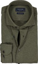 Profuomo slim fit jersey overhemd - knitted shirt pique - army groen melange - Strijkvrij - Boordmaat: 44