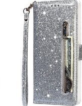 LuxeBass Hoesje geschikt voor Samsung Galaxy S21 Ultra Glitter Bookcase met rits - hoesje - portemonneehoesje - Zilver - telefoonhoes - gsm hoes - telefoonhoesjes