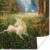 Poster Een illustratie van een eenhoorn in een bos - Meisjes - Kinderen - Kids - 100x100 cm XXL