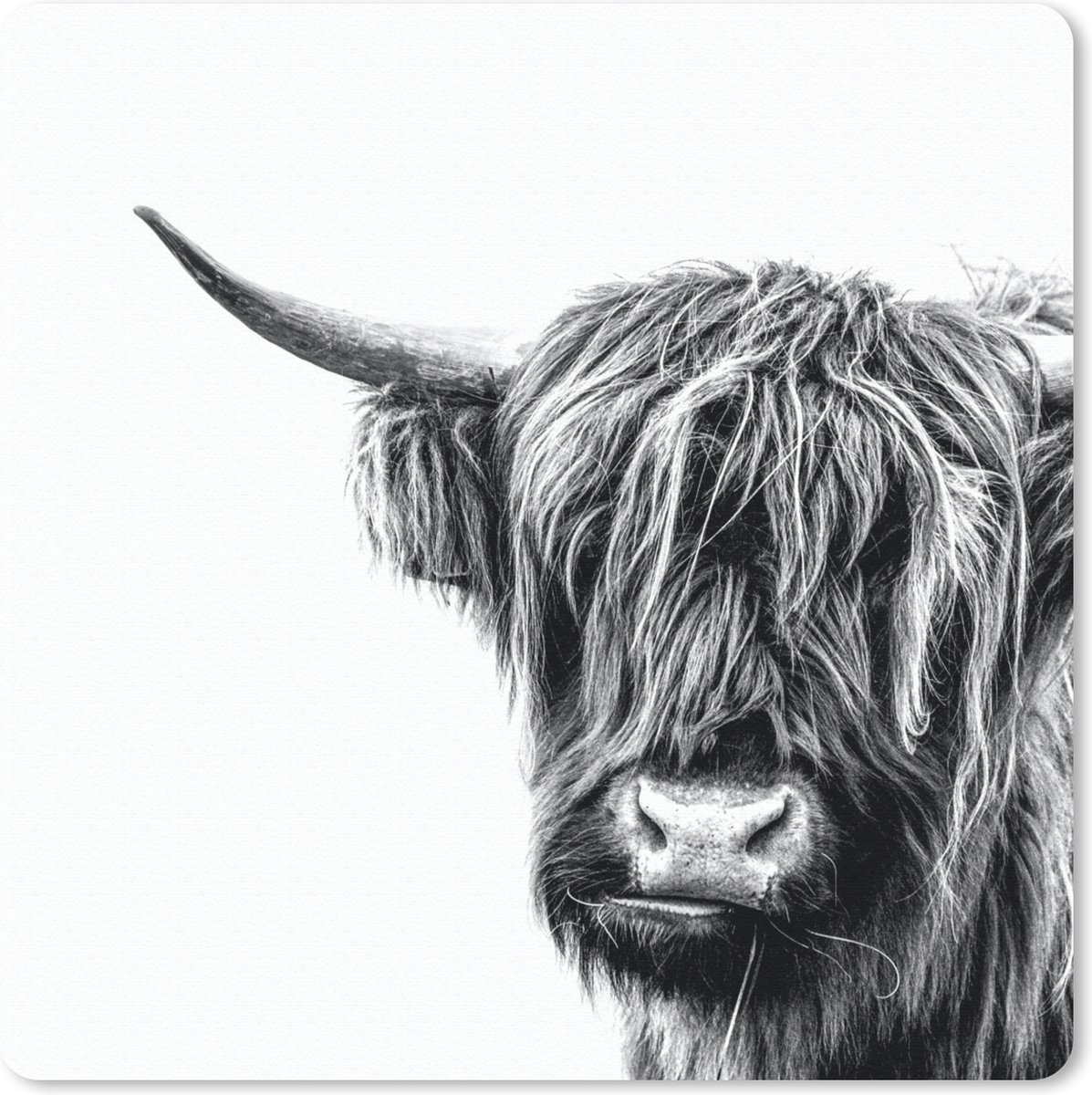 Muismat 20x20 cm - Mousepad Schotse hooglander - Hoorn - Zwart - Wit - Muismatten