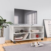 Decoways - Tv-meubel met wieltjes 90x35x35 cm spaanplaat hoogglans wit