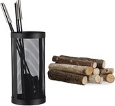 Relaxdays haardset, 5-delig, met asschep en pook, bezem, kacheltang en standaard, metaal en hout, modern, zwart/bruin