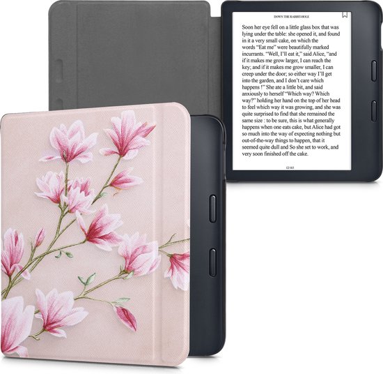 kwmobile e-reader hoesje geschikt voor Kobo Libra 2 hoes - E reader flip case met magnetische sluiting - Ereader cover - Magnolia design in poederroze / wit / oudroze van Merkloos — afbeelding 5