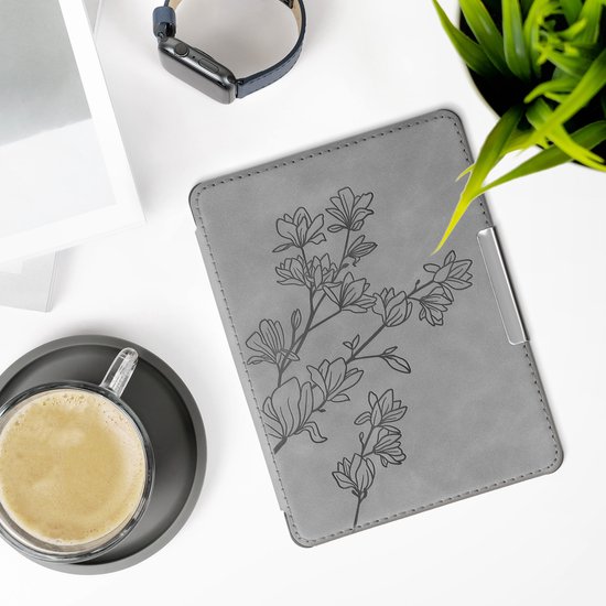 kwmobile e-reader hoesje geschikt voor Kobo Glo HD / Touch 2.0 hoes - Ereader flip case met standaard - Kunstleren e reader cover - Magnolia design in grijs van Merkloos — afbeelding 4