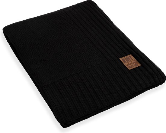 Knit Factory Uni Gebreid Plaid - Woondeken - plaid - Wollen deken - Kleed - Zwart - 160x130 cm