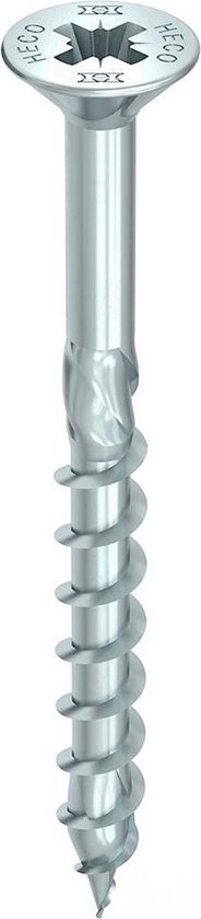 Een verzinkte HECO FIX plus schroef met Pozidriv PZ-3 platverzonken kop. De schroef heeft een asymmetrische schroefdraad.