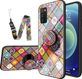 Voor Samsung Galaxy A02s Geschilderd Etnisch Patroon Gehard Glas TPU Schokbestendig Hoesje met Opvouwbare Magnetische Houder & Nekband (Kleurrijk)