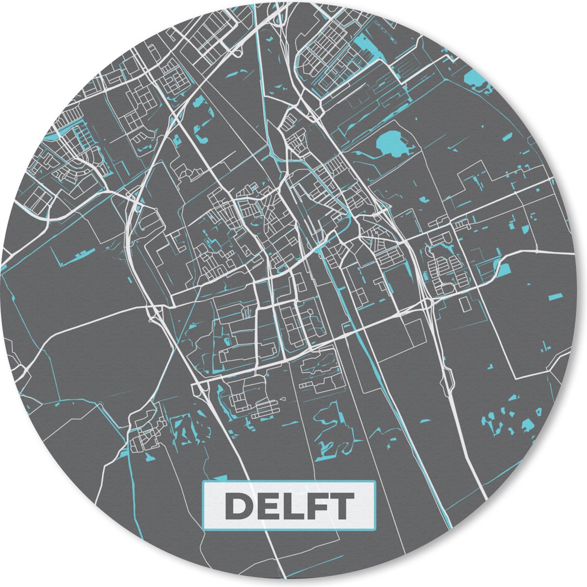 Muismat rond 30x30 cm - Mousepad Stadskaart - Delft - Grijs - Blauw - Ronde muismatten