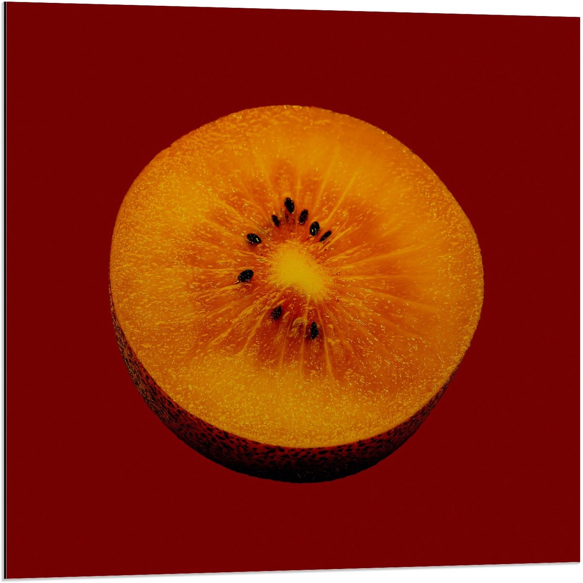 Dibond - Gele Kiwi op Rode Achtergrond - 80x80cm Foto op Aluminium (Wanddecoratie van metaal)