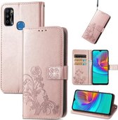 Voor Infinix X680/Smart 4 Vier-blad sluiting Reliëf Gesp Mobiele Telefoon Bescherming Lederen Case met Lanyard & Kaartsleuf & Portemonnee & Beugel Functie (Rose Goud)