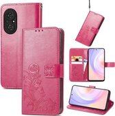 Voor Honor 50 SE Vier-blad sluiting Reliëf Gesp Mobiele Telefoon Bescherming Lederen Case met Lanyard & Card Slot & Portemonnee & Beugel Functie (Magenta)